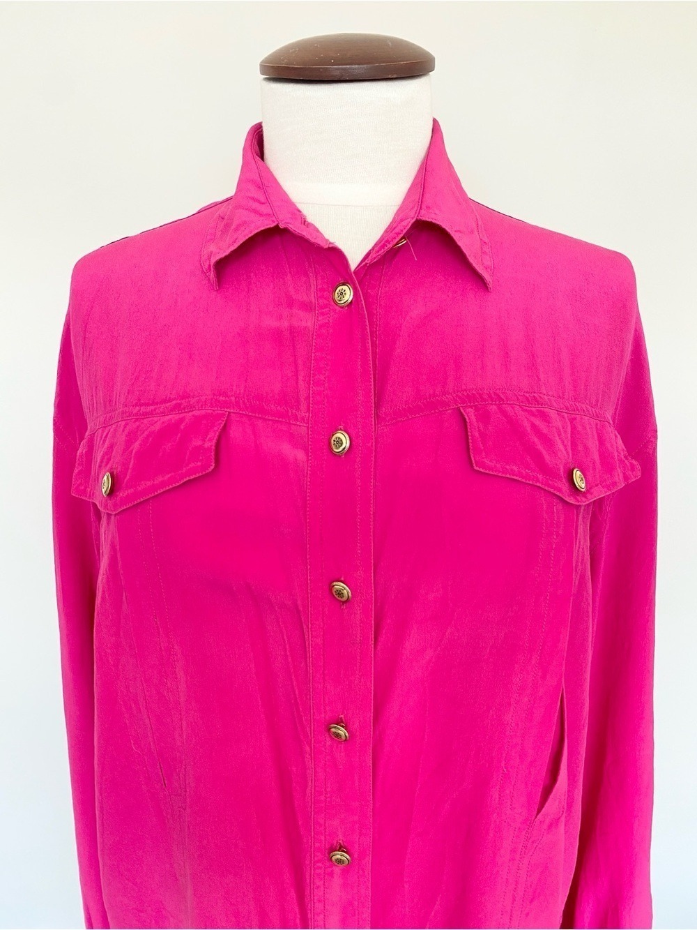 Vintage Van MacDowell Pink 100% Silk Button Down Blouse Shirt Sz L Faux Pockets